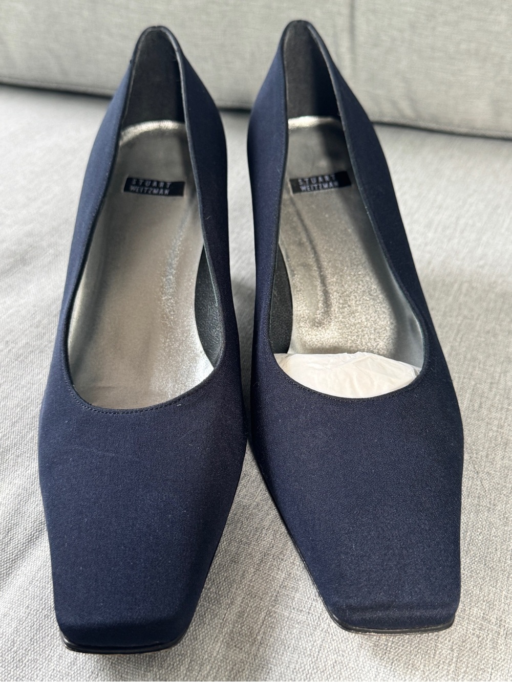 Stuart Weitzman Navy Square-Toe Satin Pumps